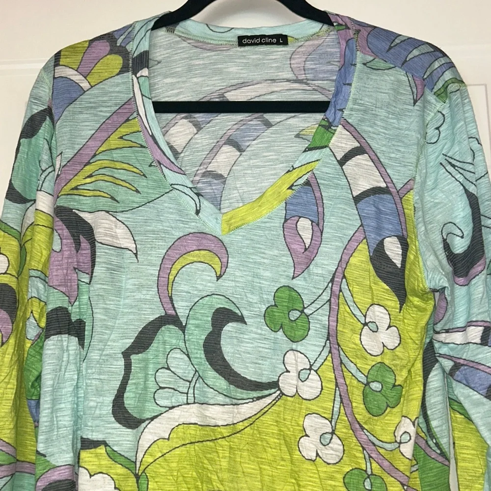 David Cline Multicolor Floral LS V-Neck Tunic Top L Hi/Low Hem Textured